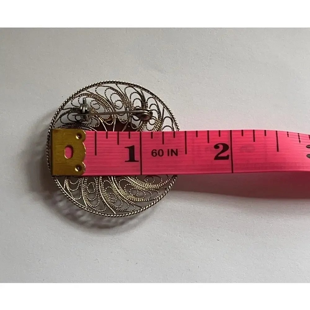 Vintage Sterling Silver Circular Filigree Brooch Made In Israel